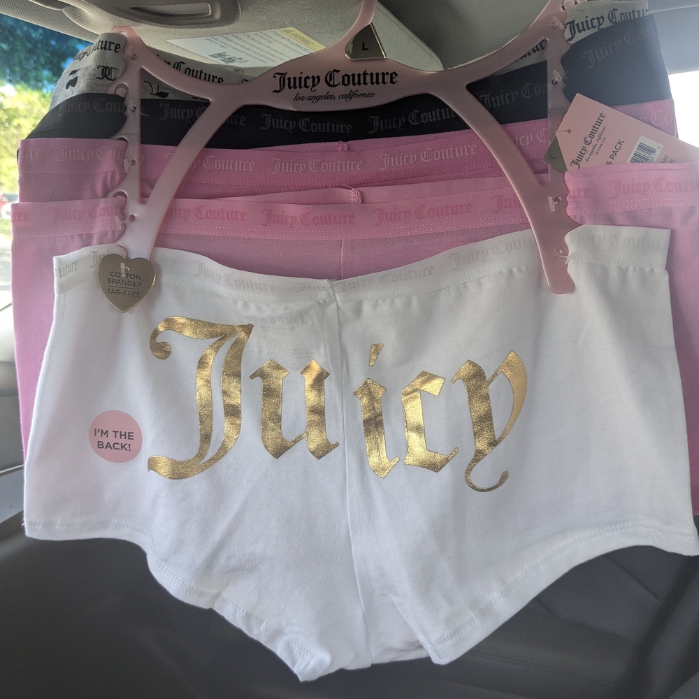 Juicy Couture 5 Pack Boyshort Panties L Cotton Spandex Gold Logo Cherries